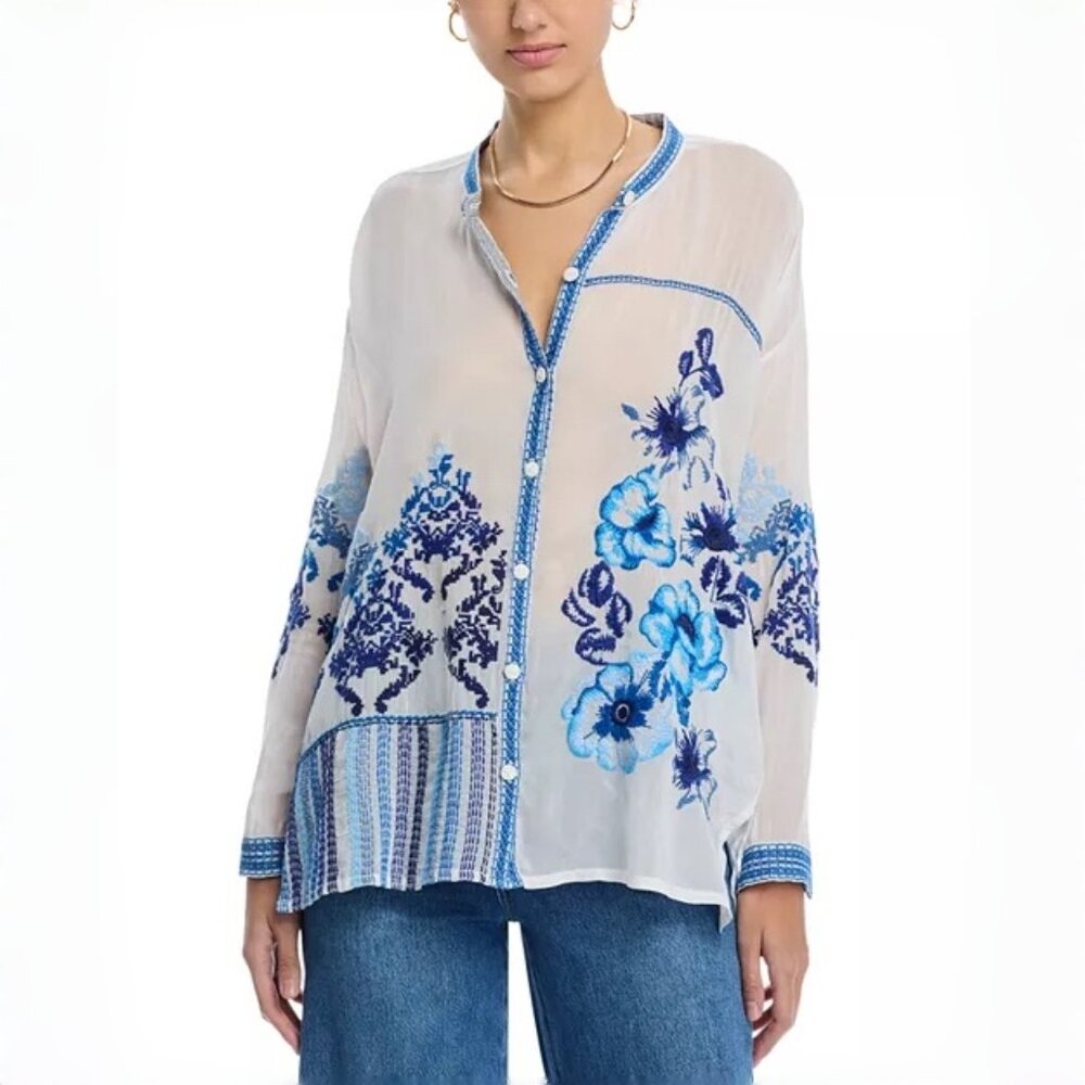 NWOT Johnny Was Embroidered Floral Long Sleeve Top Shirt Blouse Sz XS Blue